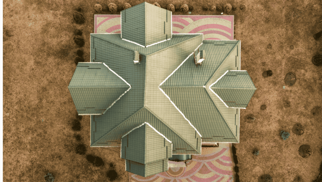 Top view of a residential house featuring its roof